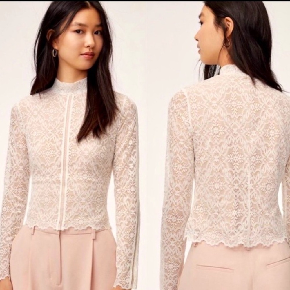 Wilfred Aritzia Adriane Lace Mock Neck Lined Blouse Size Medium Oak Nude VGUC